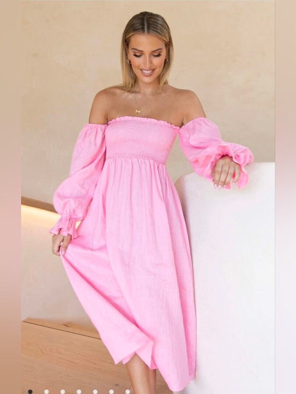 Petal & Pup Pink Linen Gabriella Off The Shoulder Maxi Dress Size 4 Cottagecore - Picture 2 of 8
